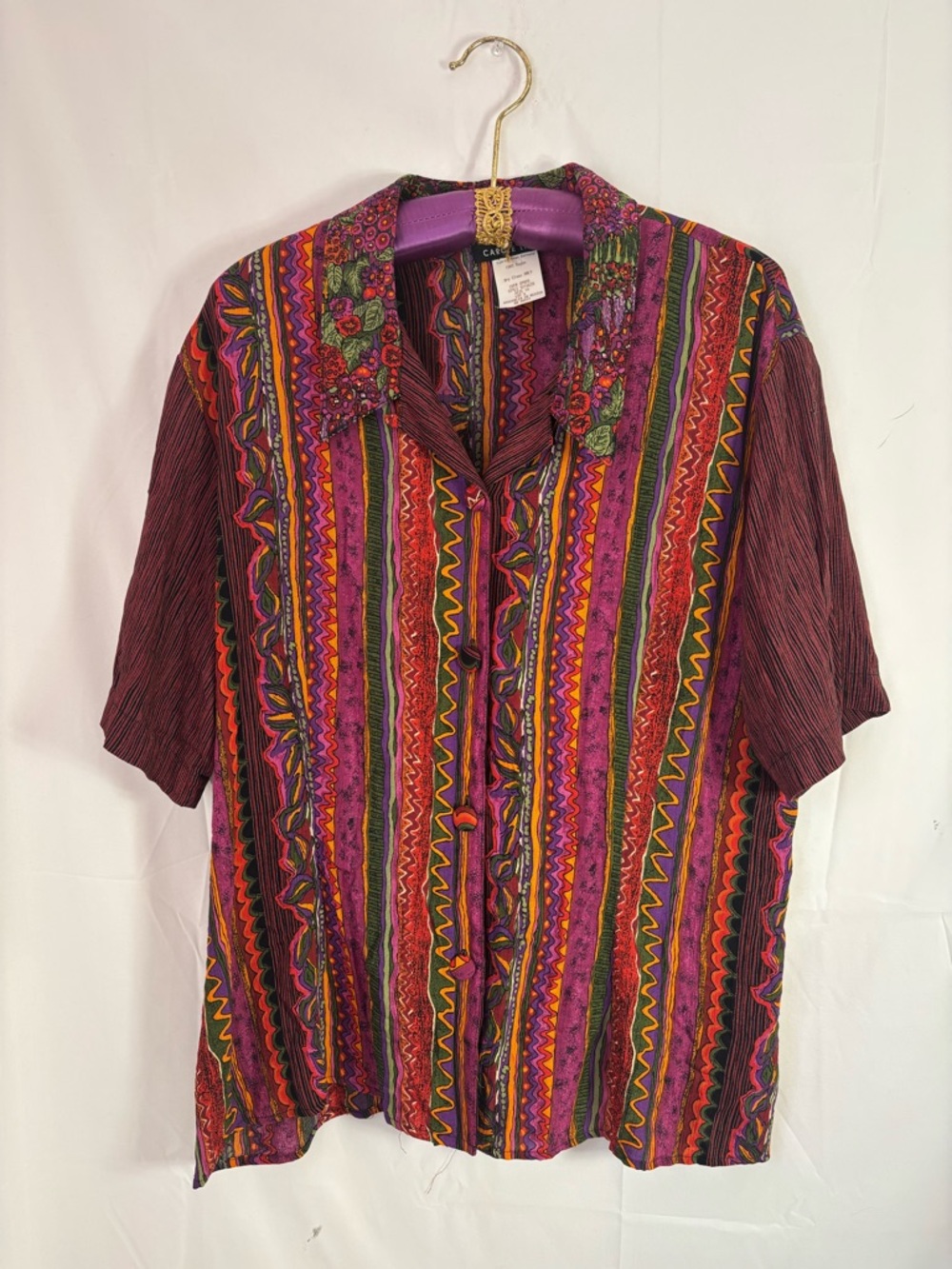 VTG Boho African Print Colorful Lightweight Short‎ Sleeve Oversize Button Down